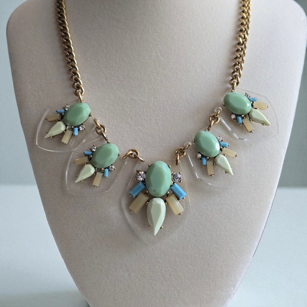 J.Crew Statement Necklace Mint Green Blue Beige Crystal Faceted Resin Gold Tone
